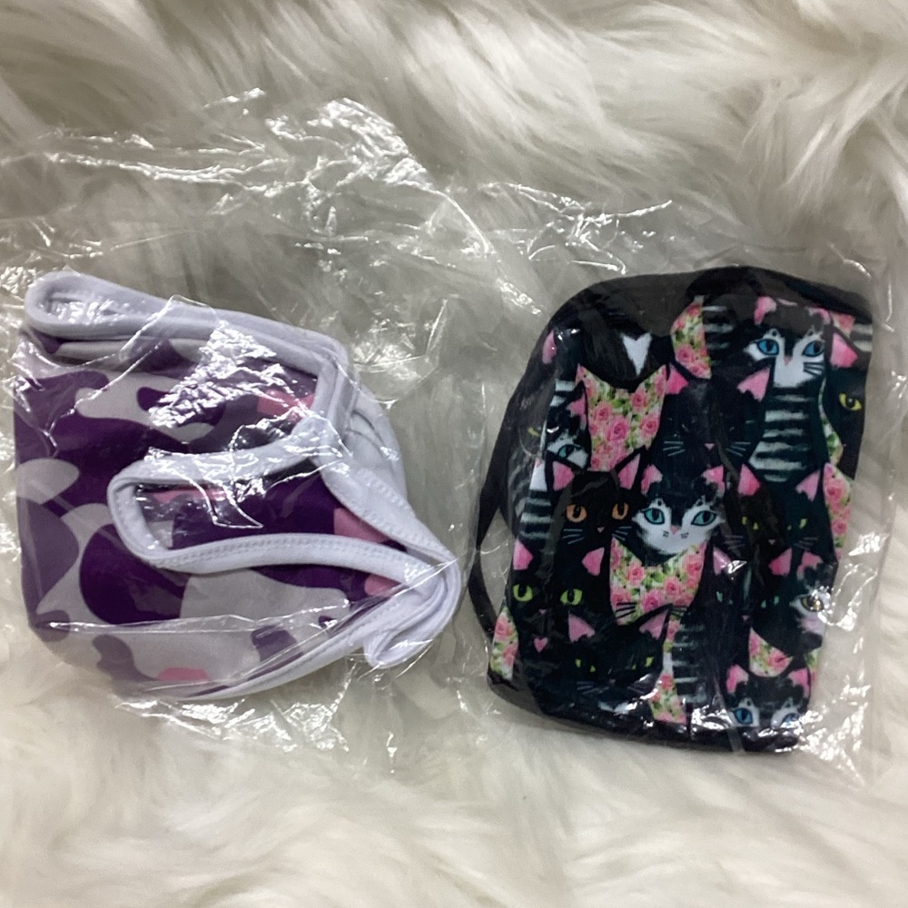 MASQD Ear Loops Face Mask, Set of 2, Kittens & Pink/Purple Camouflage Masks, NEW